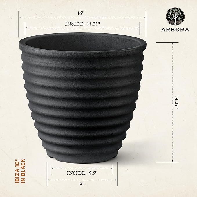 ARBORA 16" Ibiza Polyresin Indoor and Outdoor Planter with Classic Black Finish - Durable, Weatherproof, Lightweight, Large Plant Pot for Patio, Garden, Deck, Entryway - 2 Pack