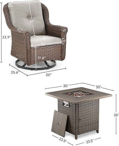 Outdoor Patio Swivel Gliders with Fire Pit Table 5 Piece Set - High Back Brown Wicker Rattan Rocking Chair with Thick Cushion for Porch Apartment Deck Yard Poolside Garden - Beige