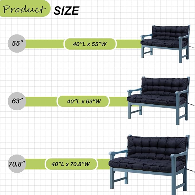 Swing Replacement Cushions with Backrest, 2 or 3 Seater Waterproof Non-Slip Overstuffed Swing Pad, Indoor/Outdoor Bench Cushion for Porch Chair Swings Garden Furniture (Navy blue, 40 * 63 in)