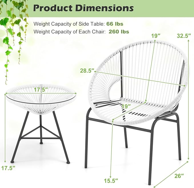 COSTWAY 3-Piece Outdoor Acapulco Chair Set, Wicker Conversation Bistro Sets with Plastic Rope, Glass Top Table, Patio Rattan Furniture Set for Garden, Balcony, Lawn, Backyard, Apartment, White