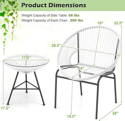 COSTWAY 3-Piece Outdoor Acapulco Chair Set, Wicker Conversation Bistro Sets with Plastic Rope, Glass Top Table, Patio Rattan Furniture Set for Garden, Balcony, Lawn, Backyard, Apartment, White