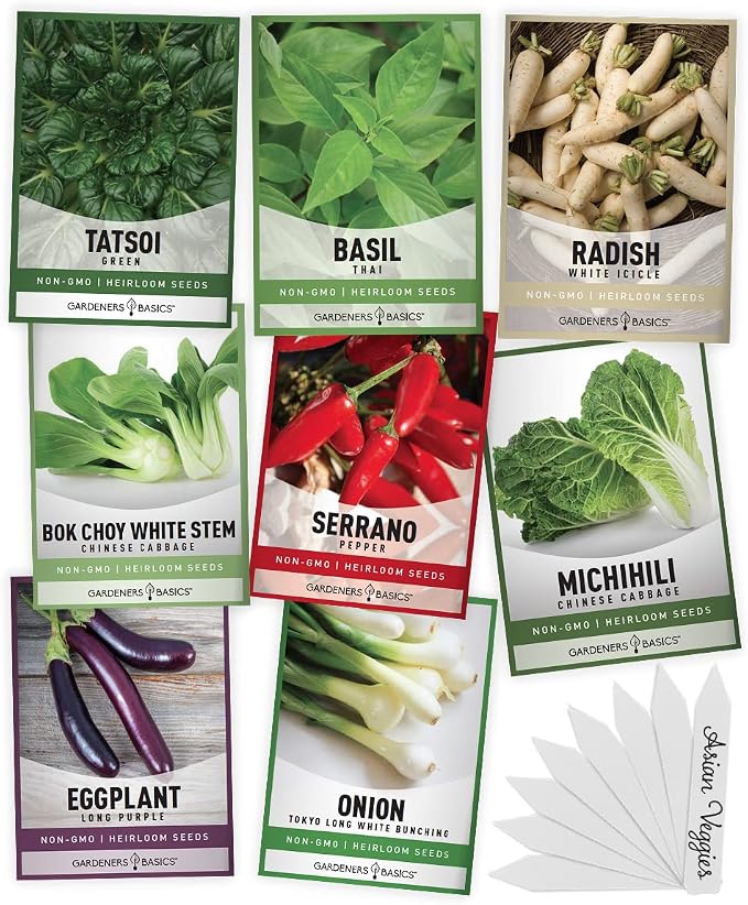 Gardeners Basics, Asian Vegetable Seeds for Planting 8 Packets Bok Choy, Michihili (Napa) Chinese Cabbage, Tatsoi, Onion, White Radish, Serrano, Eggplant for Your Non GMO Heirloom Vegetable Garden