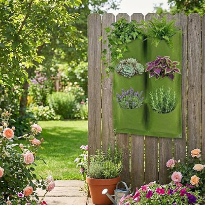 WFIST Vertical Hanging Planter Bag, Breathable Felt Wall Garden Planter with Metal Grommets, Indoor/Outdoor Space-Saving Herb & Flower Growing Pouch (6-Pocket)