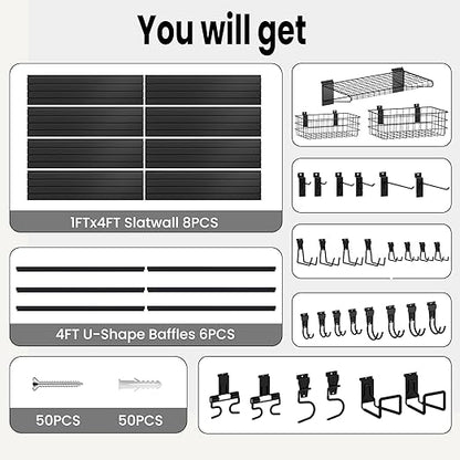 SMARTSTANDARD Slatwall Panel 4x8 FT, Garden Wall Organizer with 31 Garden Tool Hooks & Baskets,Heavy Duty PVC Slat Wall Panels for Gardening, Easy to Install & DIY Cutting (Black)