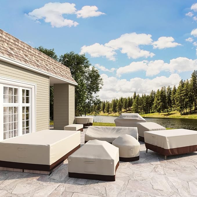 Tuyeho Patio Furniture Set Cover 124 x 84 x 28 inch, Heavy Duty Oxford Fabric Outdoor Dining Set Cover, Waterproof & Weather Resistant, for Your Outdoor Rectangular Table and Chairs (Beige & Brown)