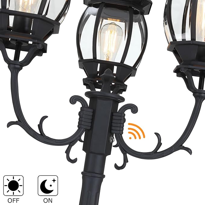 94 Inch Dusk To Dawn 3-Light Lamp Post For Backyard Garden Driveway Outdoor Street Light 94” Three-Head Post Light With Dusk To Dawn Sensor Outside Pole Lights,Aluminium Alloy,Clear Glass Shade,E26