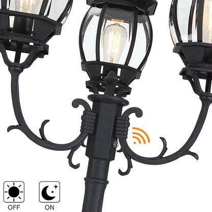 94 Inch Dusk To Dawn 3-Light Lamp Post For Backyard Garden Driveway Outdoor Street Light 94” Three-Head Post Light With Dusk To Dawn Sensor Outside Pole Lights,Aluminium Alloy,Clear Glass Shade,E26