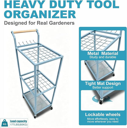 Garden Tool Organizer with Wheels Heavy Duty Yard Tool Organizer Rack with Side Storage Pockets Sturdy Metal Steel Holder with 6 Hooks for Garage, Yard, Patio, Shed