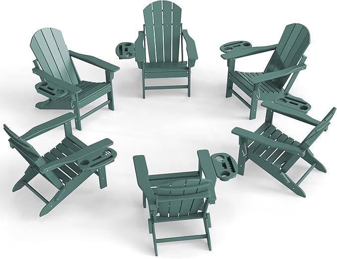 Adirondack Chair Set of 6, HDPE Folding Adirondack Chair with Multifunctional Cup Holder, Weather Resistant Fire Pit Chair for porches, patios, poolsides, Decks.