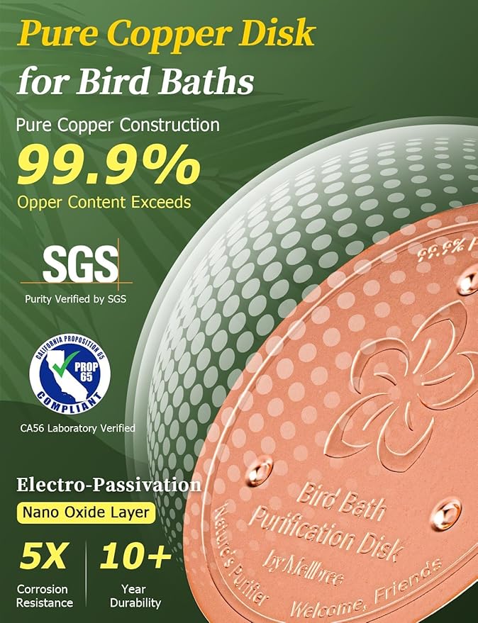 Mellbree 3-Pack Bird Bath Copper Disc, 0.6mm Reinforced 99.99% Pure Copper Cleaning Disk with Triple-Point Support for Physical Safe Clean Water All-Season (Flower)