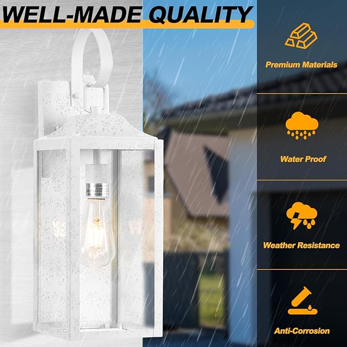 Large Outdoor Wall Lights, 19 Inch White Exterior Light Fixture, Waterproof Front Porch Lighting, Modern Sconces Lantern with Clear Glass Shade for House, Garage