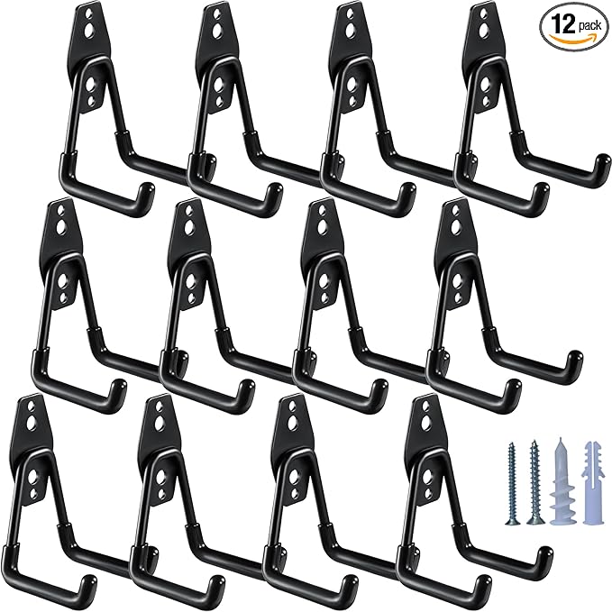 HUPBIPY Heavy Duty Garage Hooks 12 Pack, 2.8 inch Small U Shaped Hanger, Wall Mounted Storage System, Power and Garden Tool Organizer, for Hanging Ladders, Hose, Bulk Items and More