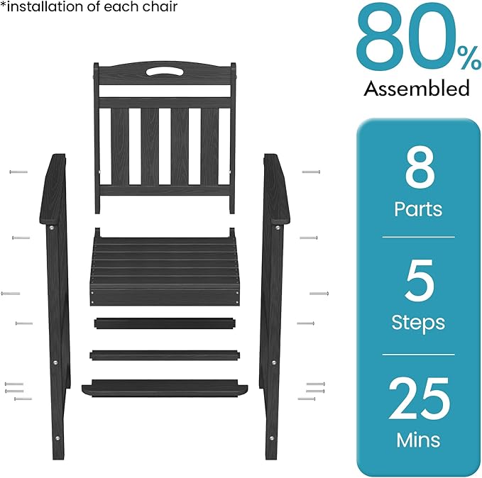 Ciokea Oversized Tall Bar Chair, HDPE Adirondack Outdoor Bar Chair with Footrest, All-Weather Barstool with High Back for Balcony, Bistro, Porch, Deck, Pool, Backyard, Black