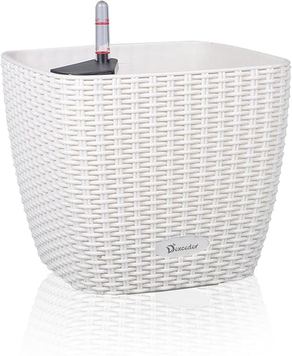 Dexceder 11x10 Self Watering Planter Indoor Outdoor, Inner Mat Design, Thickened Table Flower Plant Pot with Water Level Indicator (Ivory White Rattan)