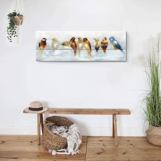 ARTISTIC PATH Abstract Birds Canvas Wall Art: Colorful Birds on Wire Picture Sparrow Painting Artwork for Living Room (45" W x 15" H, Multi-Sized)
