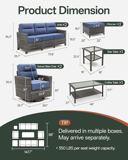 Luxury 8-Piece Patio Furniture Set with 6-Inch Thick Cushions, Outdoor Couch and Swivel Rocker Chairs, Wicker Conversation Set for Porch, Deck, Yard, Pool in Blue