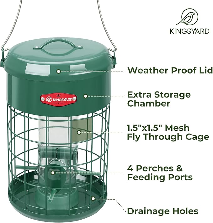 Kingsyard Upgraded Squirrel Proof Caged Bird Feeder for Outdoor Hanging - Additional Storage Tube Bird Feeder with 4 Feeding Ports & Perches, Easy to Clean & Refill. Green