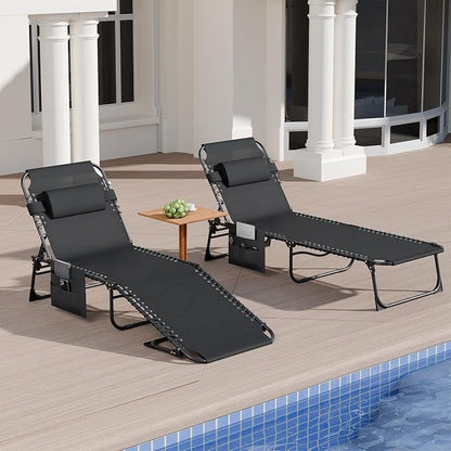 EBE Outdoor Lounge Chair Set of 2, Portable Patio Sun Tanning Chair with 4-Position Reclining Back, Pool Chaise Lounge Chair with Detachable Pillow and Side Pocket for Beach, Poolside, Black