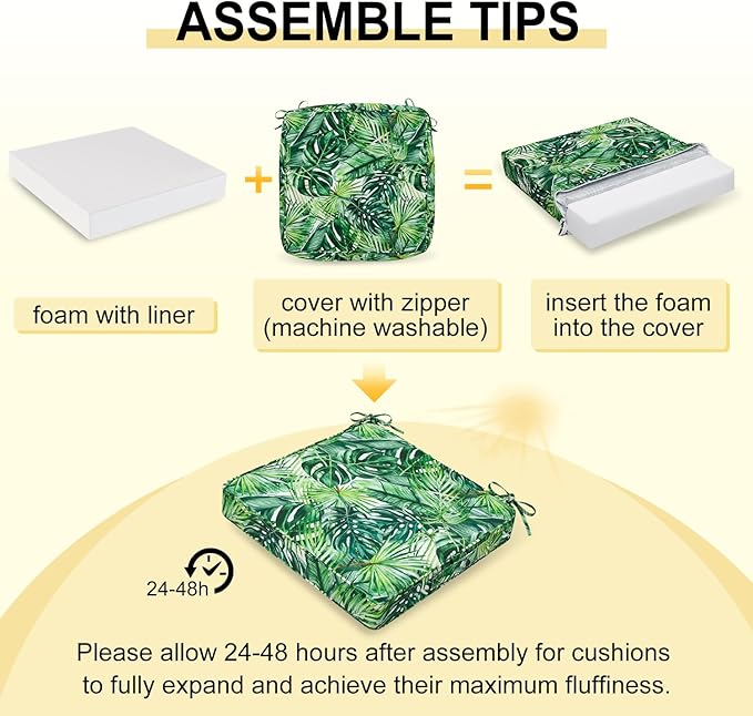 downluxe Outdoor Chair Cushions Set of 4, Waterproof 19" x 19" x 3" Patio Chair Cushion with Non-Slip Ties & Handle, Square Outdoor Cushion for Patio Furniture with Removable Cover, Palm Leaves
