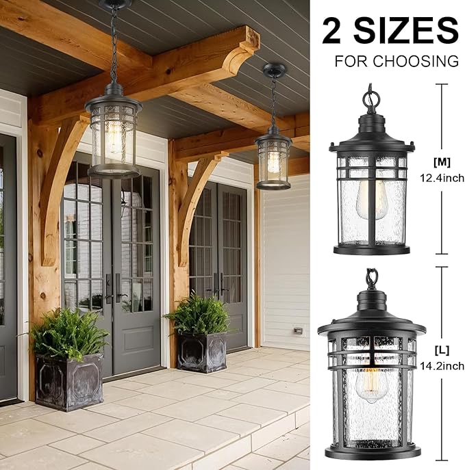 Darkaway Outdoor Pendant Lights for Porch, Outdoor Chandelier Hanging Porch Lights Ceiling Mount Aluminum with Seeded Glass for Front Porch Gazebo Patio (Medium, Black)