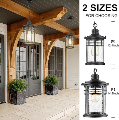 Darkaway Outdoor Pendant Lights for Porch, Outdoor Chandelier Hanging Porch Lights Ceiling Mount Aluminum with Seeded Glass for Front Porch Gazebo Patio (Medium, Black)