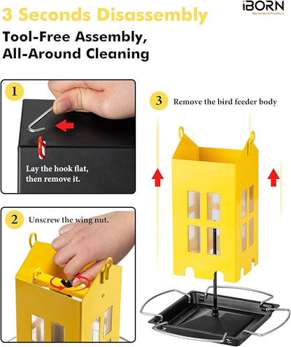 iBorn Bird Feeder House, Metal Bird Feeders for Outdoors Hanging,Double-Sided Metal Hanger & Weatherproof, Easy to Clean & Refill, 2.2 Lbs Capacity, Yellow