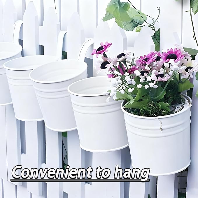 6 Pcs Hanging Flower Pots with Detachable Hooks,Metal Iron Bucket Planter for Railing,Fence,Balcony Garden Decor,4INCH,White
