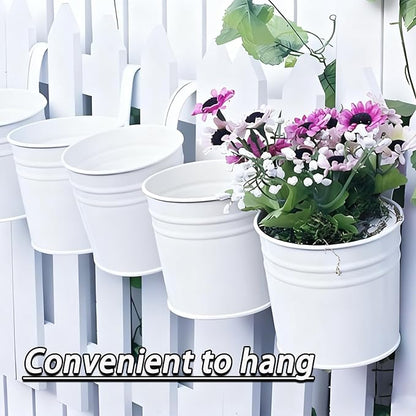 6 Pcs Hanging Flower Pots with Detachable Hooks,Metal Iron Bucket Planter for Railing,Fence,Balcony Garden Decor,4INCH,White