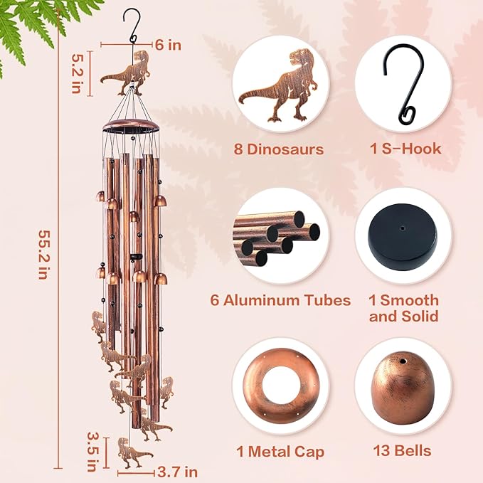 Extra Large 55 Inch Dinosaur Wind Chimes for Outside,Dinosaur Gifts for Adults Men Women/Memorial Gifts/Birthday Gift Metal windchimes Outdoors/Indoors,Garden Decor,Patio,Home,Porch,Yard Decoration