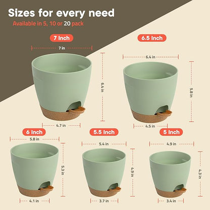 Green Self Watering Pots 20 Pack, Indoor and Outdoor Plant Pots with Wick Rope & Drainage Holes, Easy Watering Lip, Lightweight Plastic Self Watering Planter for Succulents, Houseplants, and Herbs