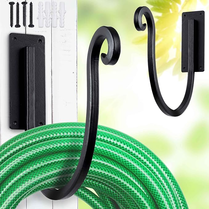 Hose Holders Wall Mount （Metal/8-Inch） Heavy-Duty Garden Hose Hangers Outdoor, Hand-Forged Hose Racks Mount, 2PCs