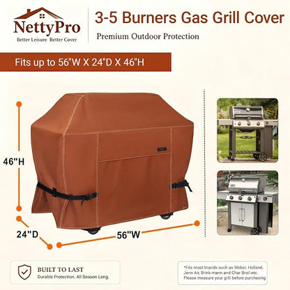 NettyPro BBQ Grill Cover 56 inch Heavy Duty Waterproof Outdoor 2-3 Burners Gas Grill Cover for Outside Weber, Char-Broil, Brinkmann, Nexgrill Barbecue, Brown
