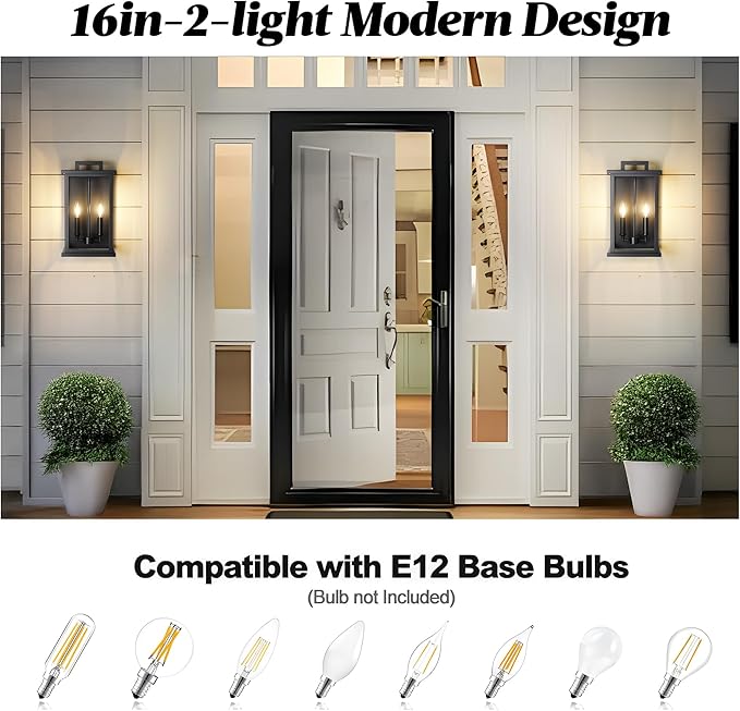 Large Outdoor Sconce Garage Lights Modern Outdoor Wall Light Exterior Wall Lantern Lights for House,Front Porch,2-Light Patio Wall Light Fixture with Thick Glass Shades E12 Waterproof 1 Pack