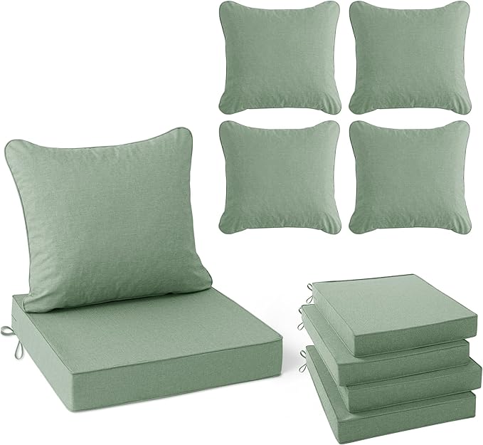 Summsun Outdoor Cushions for Patio Furniture, Faux Linen Water Resistant Backrest and Seat Cushion Set with Removable Cover, Ties, Non-Slip Bottom, 19 x 19 Inch, Sage Green, Set of 4