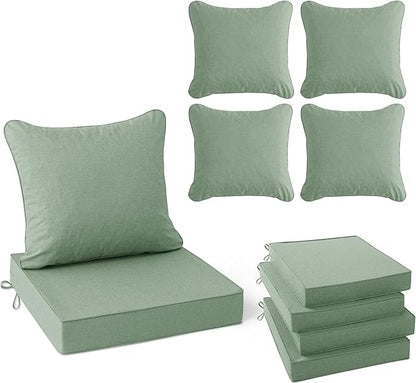 Summsun Outdoor Cushions for Patio Furniture, Faux Linen Water Resistant Backrest and Seat Cushion Set with Removable Cover, Ties, Non-Slip Bottom, 19 x 19 Inch, Sage Green, Set of 4