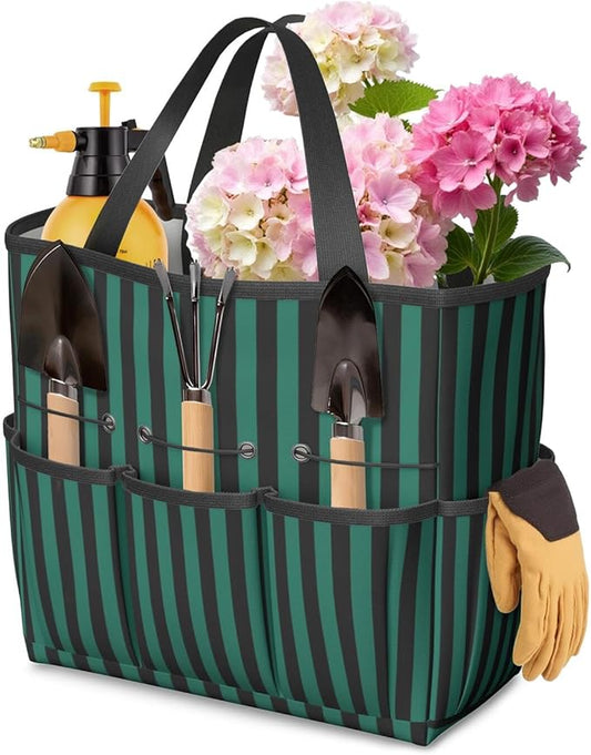 Classic Garden Tool Bag - Waterproof Green Checkered Garden Tote with 8 Pockets, Large Storage Home Organizer Gardening Tool Oxford Bag for Garden Tools Kits Holder, Gardening Gift for Women & Men