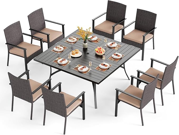 PHI VILLA 9 Pieces Square Outdoor Dining Table Set for 8, 60” Large Metal Steel Dining Table & Rattan Wicker Chairs with Cushions, Dining Furniture Set for Patio, Deck, Yard, Porch