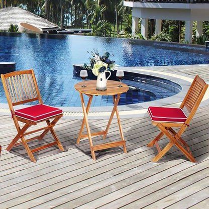 Tangkula 3 PCS Patio Folding Bistro Set, Outdoor Acacia Wood Chair and Table Set w/Padded Cushion& Round Coffee Table, Ideal for Indoor Patio Poolside Garden (Red)