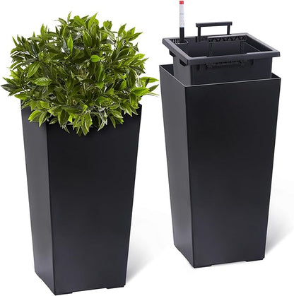 2 Pack Tall Self-Watering Planter Pots with Water Level Indicator, 12"l x 12"w x 22.5"h, Modern Flower Pots with Inner Bucket Handles and Water Injection Port for Indoor Outdoor Plants, Black