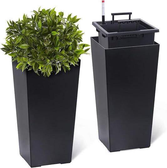 2 Pack Tall Self-Watering Planter Pots with Water Level Indicator, 12"l x 12"w x 22.5"h, Modern Flower Pots with Inner Bucket Handles and Water Injection Port for Indoor Outdoor Plants, Black