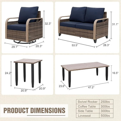 Modern Wicker Patio Furniture Set, Rattan Outdoor Conversation Set with Comfortable Cushions, 2 Swivel Rocing Chairs, 2 SeatLoveseat, Coffee Table and Side Table, 5 Pieces, Brown/Blue