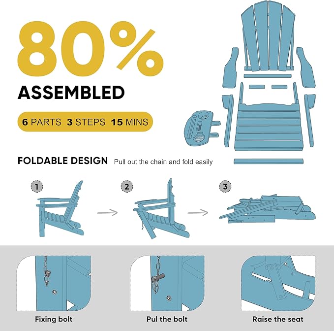 Adirondack Chair Set of 4, HDPE Folding Adirondack Chair with Multifunctional Cup Holder, Weather Resistant Fire Pit Chair for porches, patios, poolsides, Decks.