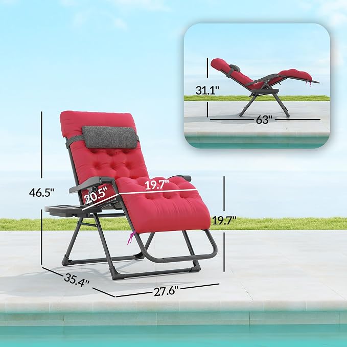 Outsunny Zero Gravity Chair, Folding Reclining Lounge Chair with Padded Cushion and Side Tray for Indoor or Outdoor Use, Supports 264 lbs, Red