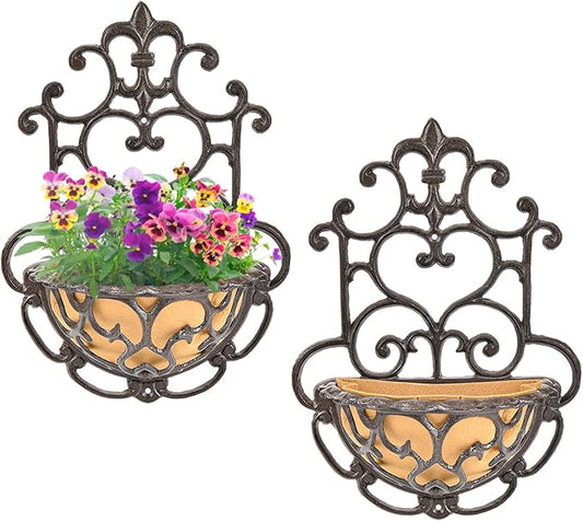 Sungmor 2 Pack Wall Hanging Planter Basket with Fabric Liner, Antique Victoria Style Cast Iron Wall Planter Holder, Outdoor Railing Fence Balcony Metal Hanging Basket Half Round Flower Pots