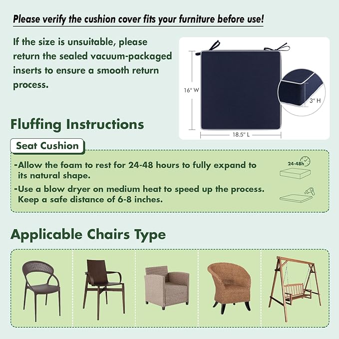 MIULEE Navy Outdoor Chair Cushions Set of 2, 18.5x16x3 Inch Waterproof Patio Seat Cushions for Outdoor Furniture Couch Sofa, 3 Year Color Fastness High Density Foam with Adjustable Ties