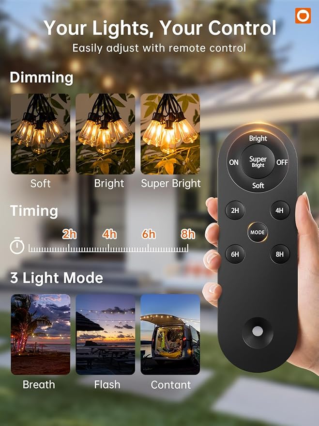 addlon 35FT Solar String Lights Outdoor, IP54 Waterproof Solar Powered with Remote & USB Port, 10+1 LED Shatterproof Bulbs, Dimmable Solar Light Outdoor for Camping Backyard Bistro Porch