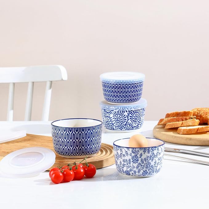 Selamica Ceramic Ramekins with Lids, 10 OZ Creme Brulee Ramekins with Covers Oven Safe, Custard Cups Small Baking Bowls for Souffle, Pudding, Onion Soup, Dips, Set of 6, Vintage Blue