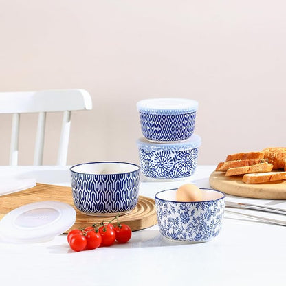 Selamica Ceramic Ramekins with Lids, 10 OZ Creme Brulee Ramekins with Covers Oven Safe, Custard Cups Small Baking Bowls for Souffle, Pudding, Onion Soup, Dips, Set of 6, Vintage Blue