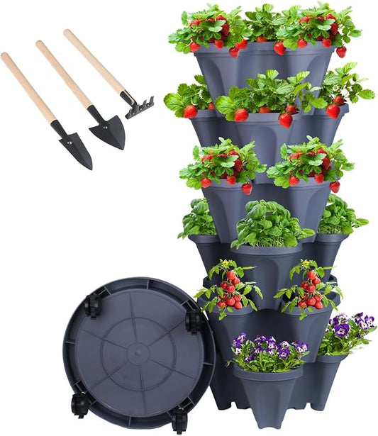 GameXcel Vertical Planter Tower- 6 Tier Stackable Garden Planter with Wheels and Tool Set – Grow Strawberries Herbs Flowers and Vegetables - Indoor Outdoor Use Dark Gray