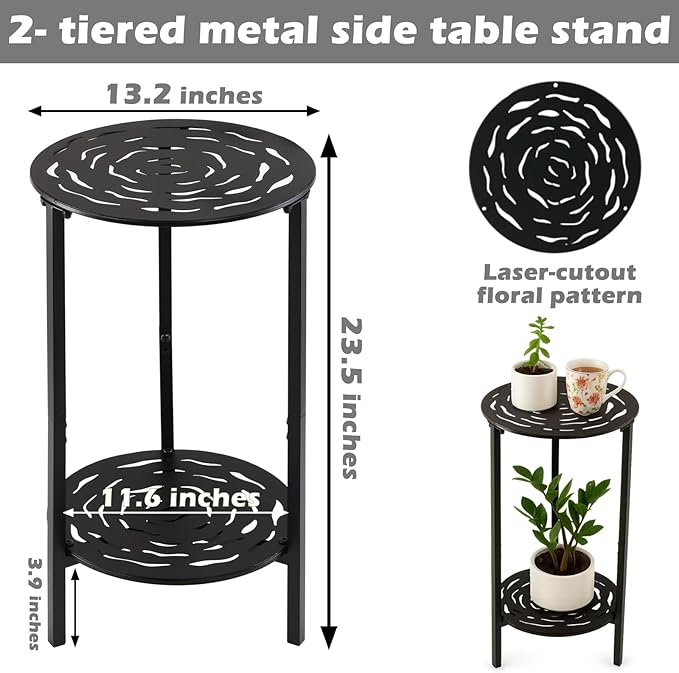 2 Packs Two-tier Metal Round Side Table Black Accent Coffee Tables Small Space Corner Plant Stand Shelf for Indoor Outdoor Use Patio Balcony End Table Laser-Cut Floral Pattern Weather-Resistant